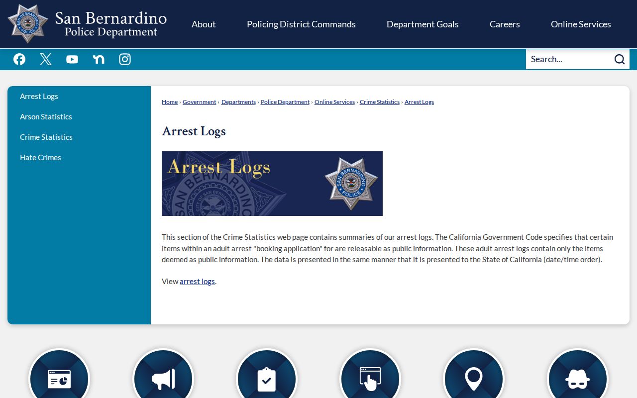 San Bernardino Police Department official Arrest Logs page