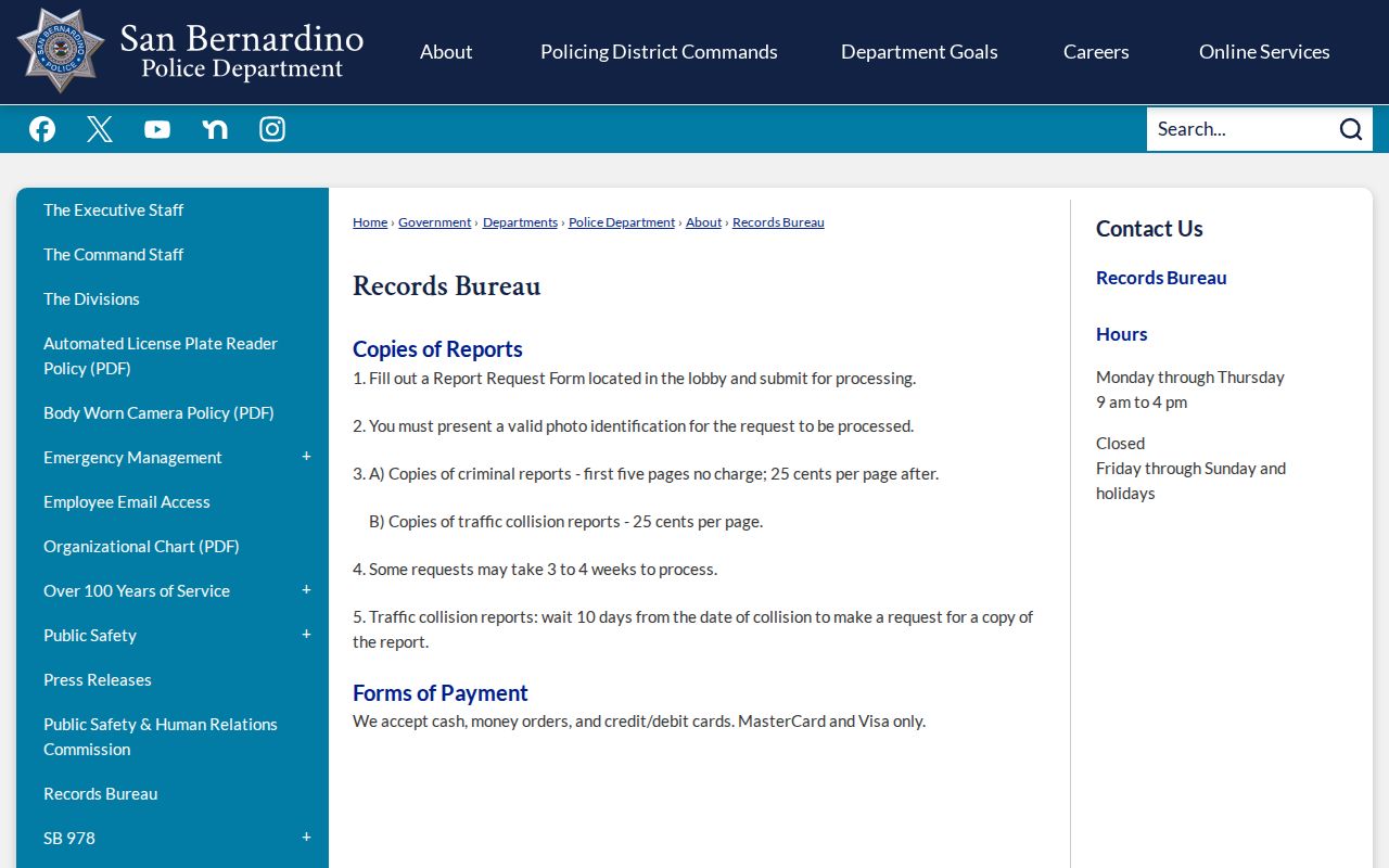 San Bernardino Police Department Records Bureau request information