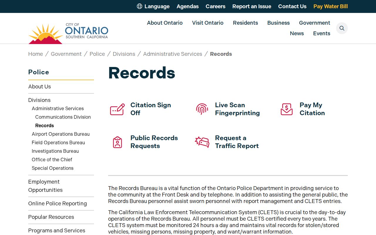 Ontario Police Department Records Bureau webpage