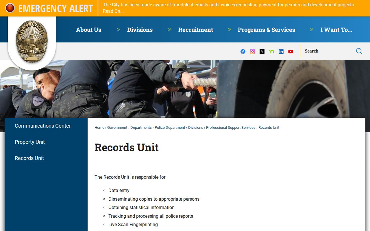 Fontana Police Department Records Unit page